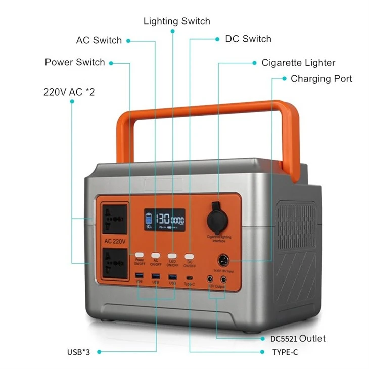 Portable Power Station 600W Solar Generator Backup Lithium Battery With 2*220V AC 3* USB Output Type-C LED Light For Outdoor Camping